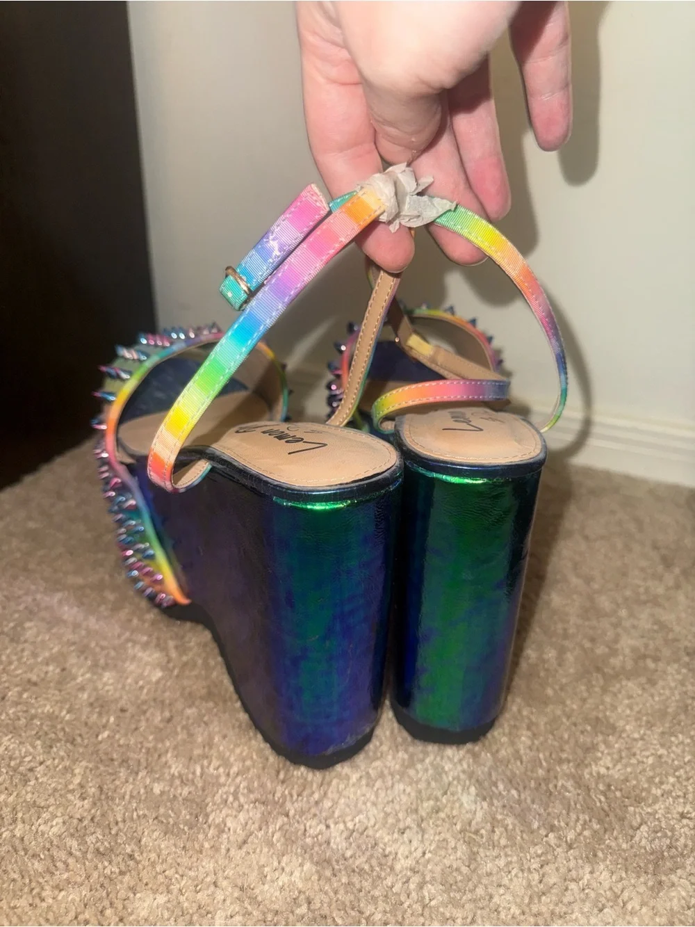 Dolls Kill Privileged Rainbow Studded Green Iridescent Platform Sandals
